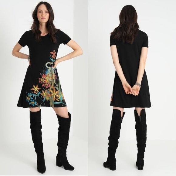 Desigual XS Black Agra Floral Tiger Short Sleeve T-Shirt Tunic Mini Dress - Picture 2 of 13